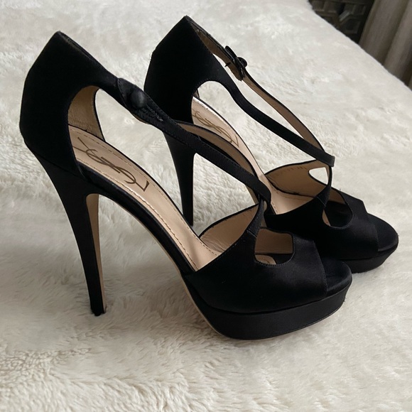 YSL black satin platform heels 38.5 fits like 7.5 US - Picture 4 of 13